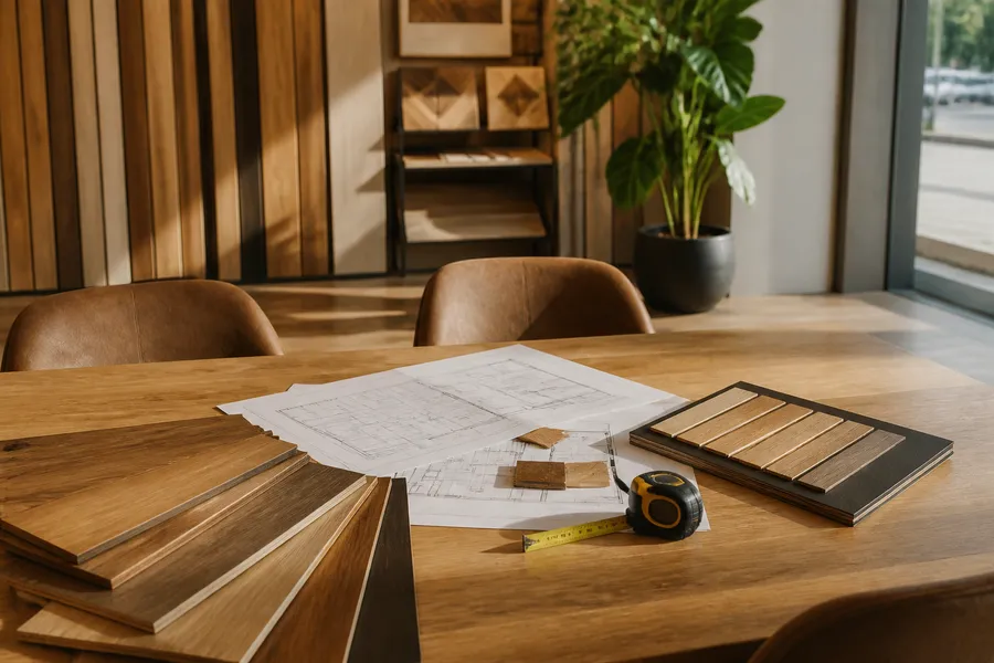 Vloeradviseur bespreekt vloerstalen met een klant aan tafel
