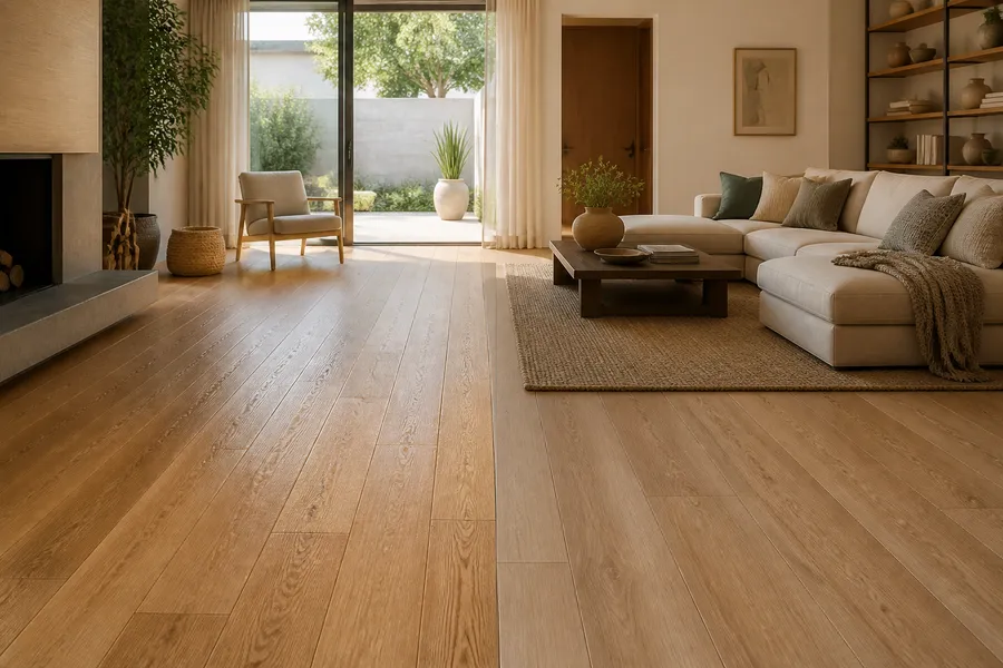 Houten vloerdelen naast PVC planken met houtlook ter vergelijking